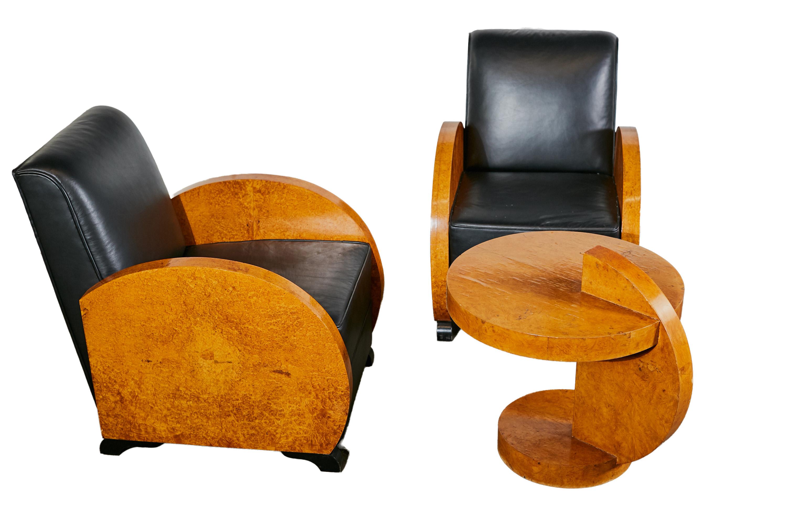 20th Century Unrestored Amboina armchair duo with black leather seats For Sale