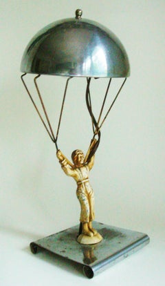 Unrestored American Art Deco Chrome and Painted Novelty Parachute Jumper Lamp