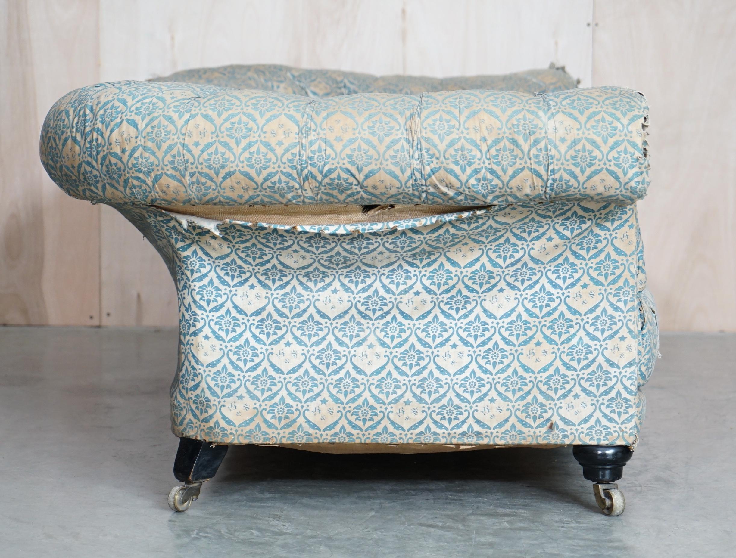 Unrestored Antique Victorian Howard & Son's Chesterfield Sofa Inc Ticking Fabric For Sale 9