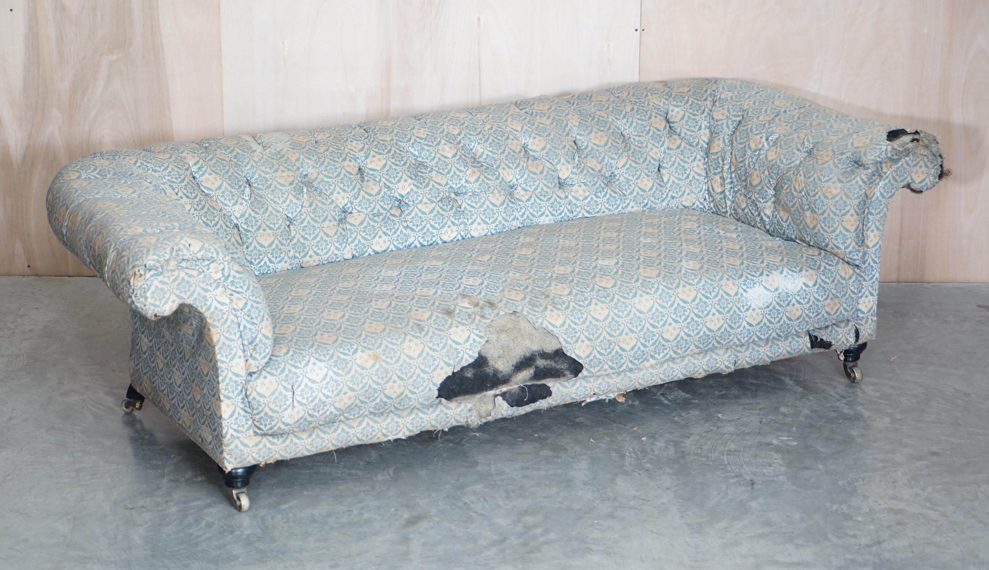 English Unrestored Antique Victorian Howard & Son's Chesterfield Sofa Inc Ticking Fabric For Sale