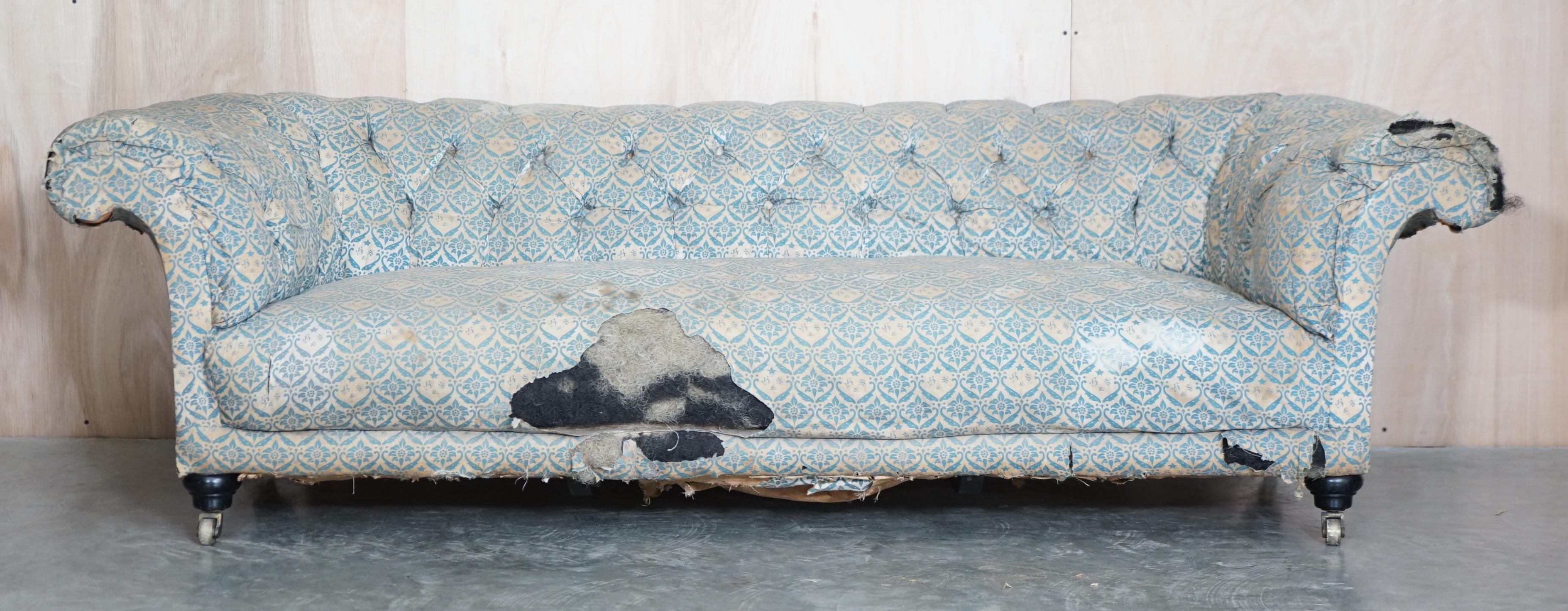 Hand-Crafted Unrestored Antique Victorian Howard & Son's Chesterfield Sofa Inc Ticking Fabric For Sale