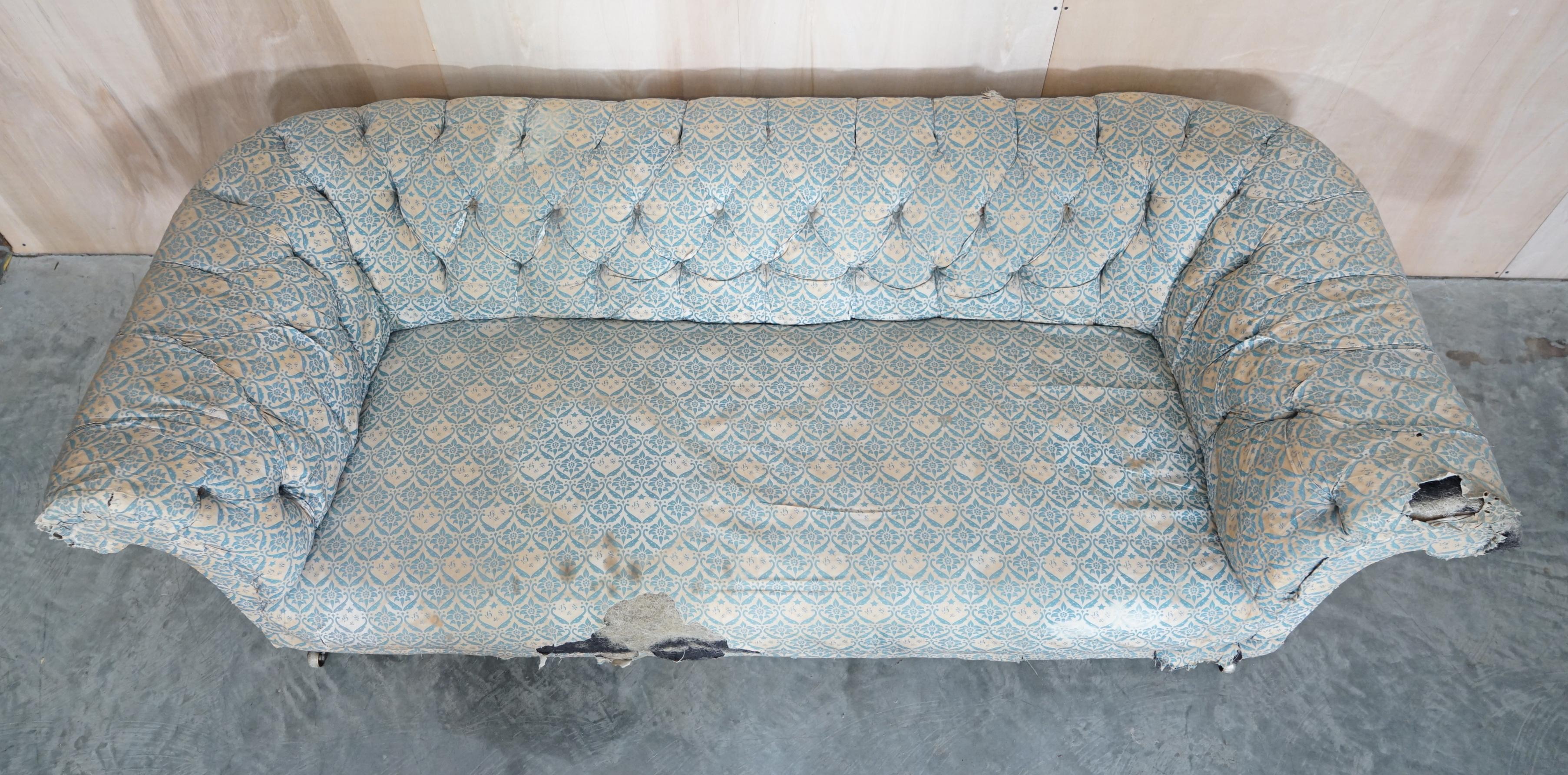 Unrestored Antique Victorian Howard & Son's Chesterfield Sofa Inc Ticking Fabric For Sale 1