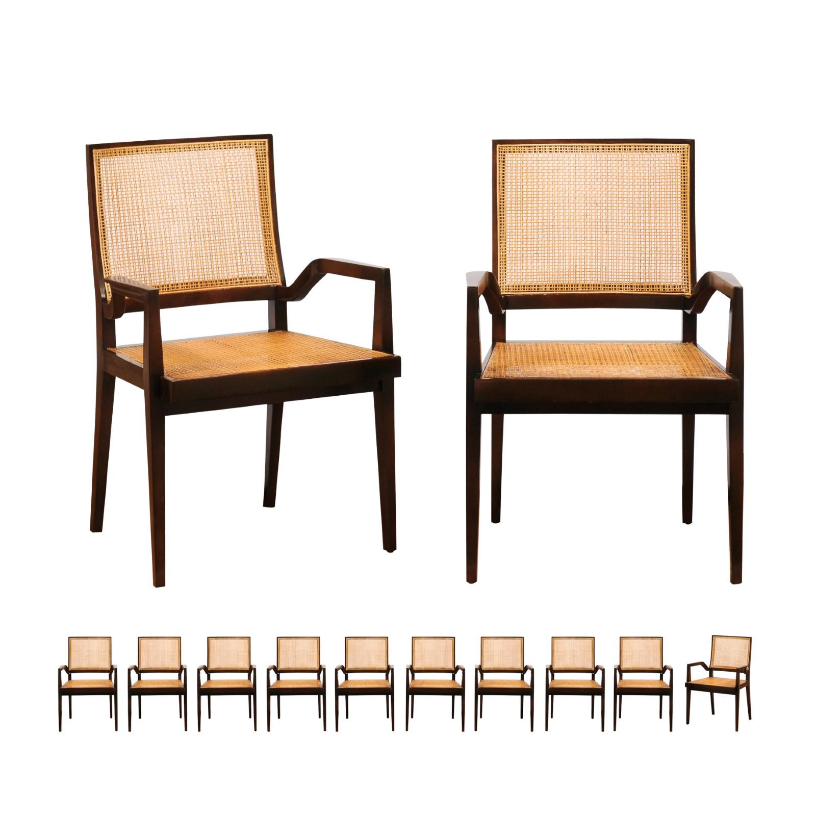 Unrivaled Set of 12 Cane Dining Chairs by Michael Taylor, circa 1960- Cane Seat For Sale 11