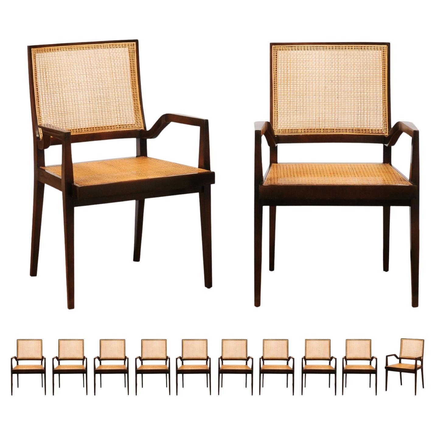 Unrivaled Set of 12 Cane Dining Chairs by Michael Taylor, circa 1960- Cane Seat For Sale