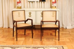 Unrivaled Set of 12 Sleek Cane Arm Chairs by Michael Taylor, c 1960 - Cane Seat