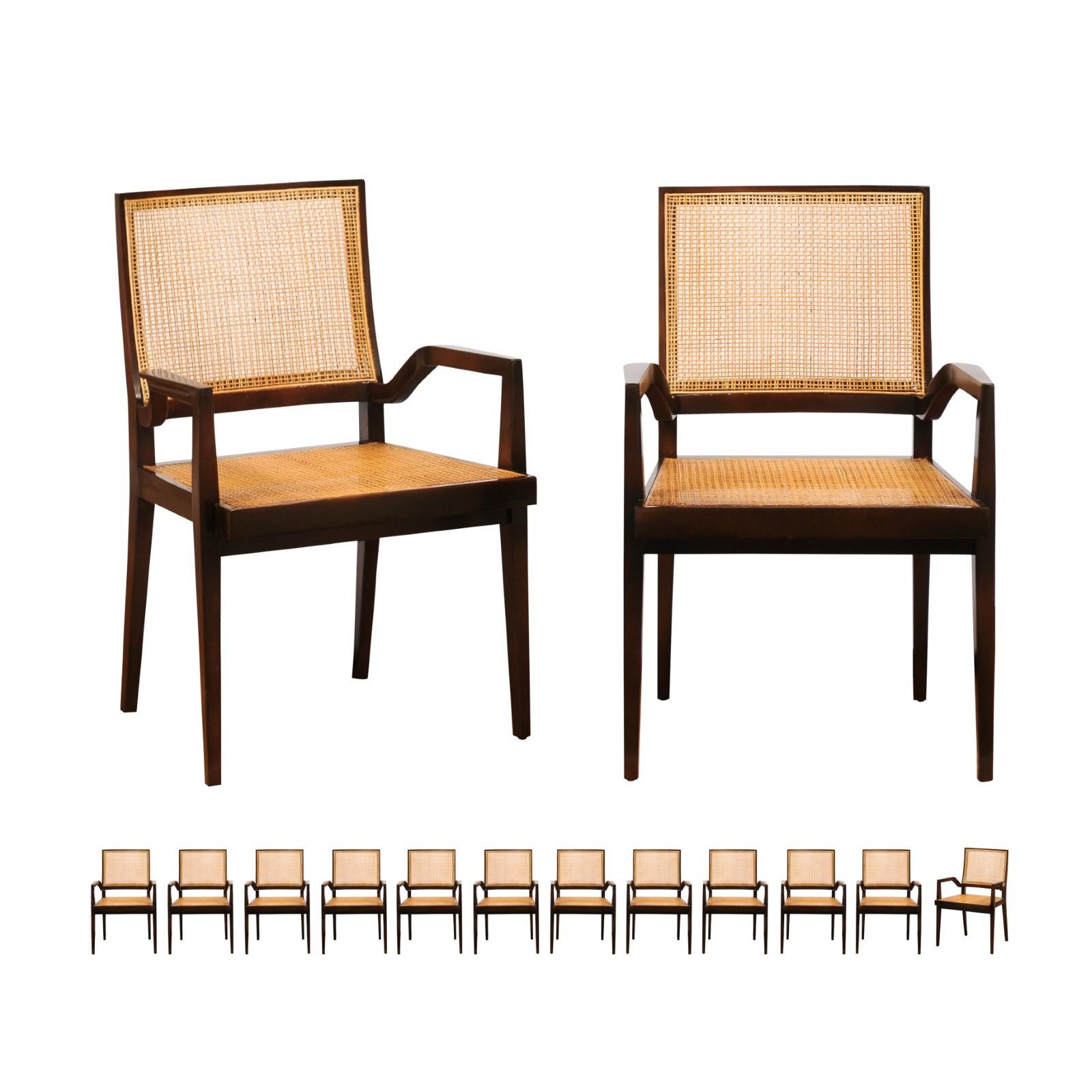 This large ALL ARMS set of impossible to find seating examples is unique on the World market. These magnificent dining chairs are shipped as professionally photographed and described in the listing narrative, completely installation ready. All cane