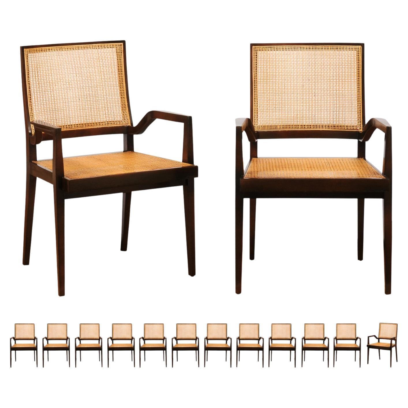 Unrivaled Set of 14 Cane Dining Chairs by Michael Taylor, circa 1960-Cane Seat  For Sale