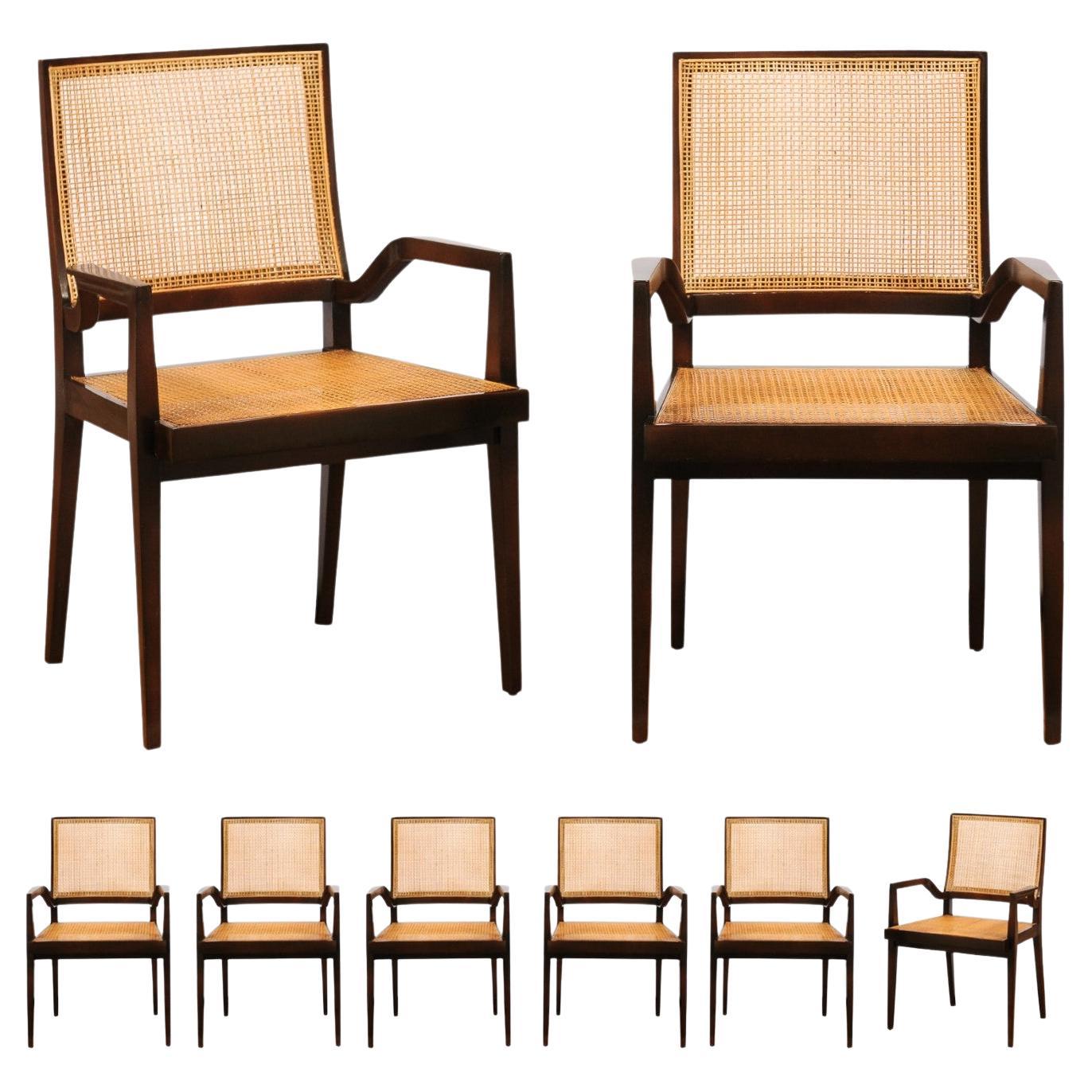 Unrivaled Set of 8 Cane Dining Chairs by Michael Taylor, circa 1960-Cane Seat For Sale