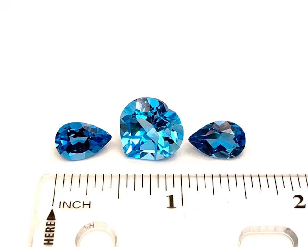 Heart Cut Unset Blue Topaz Lot, 3 Loose Necklace / Earring Gemstones, 18.01 Carat Total