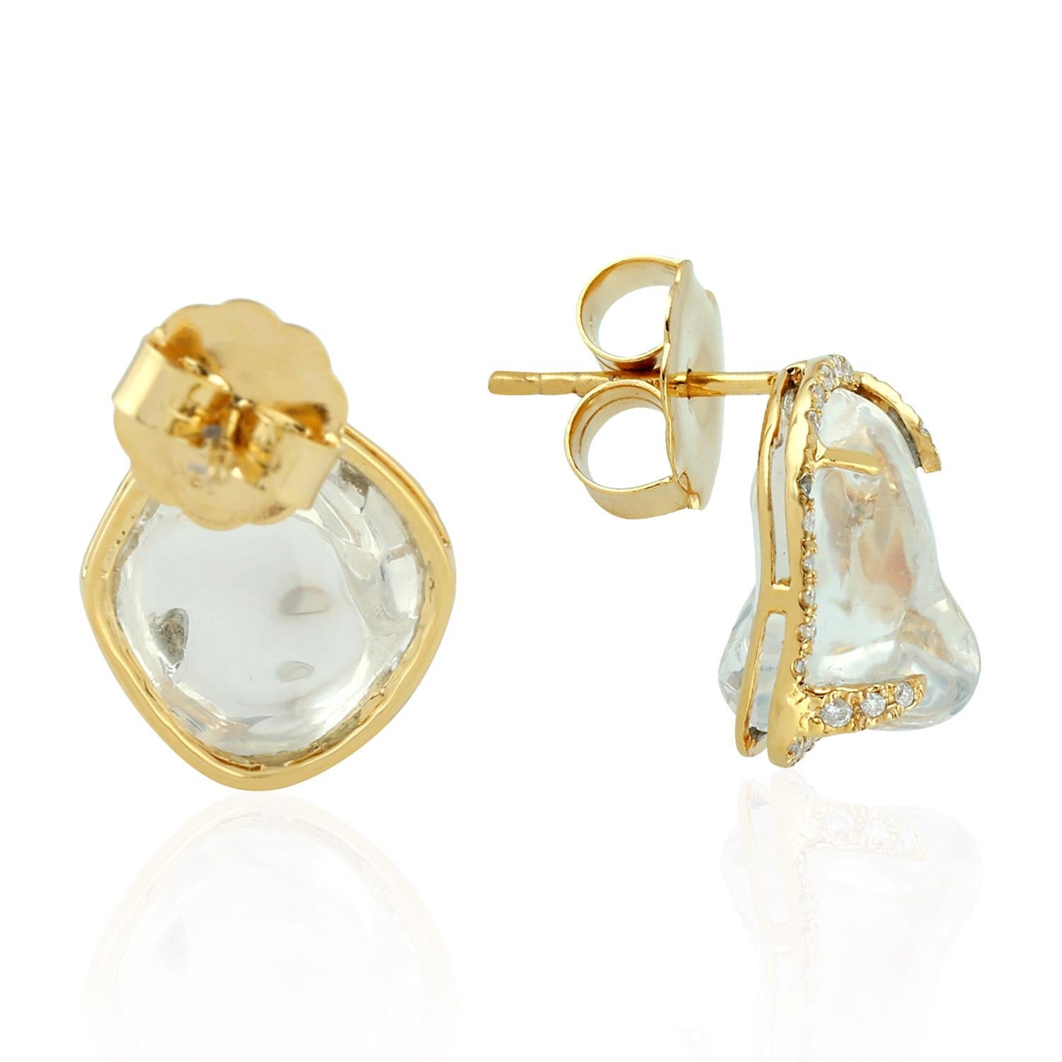 Artisan Unshaped Sliced Opal Stud Earrings With Diamonds Made In 18k yellow Gold