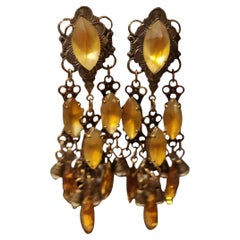 Unsigned 1960s Amber Glass Dangle Chandelier Clip-On Earrings