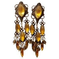 Unsigned 1960s Amber Glass Dangle Chandelier Clip-On Earrings