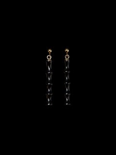 Unsigned Black Jet Hand-Carved Earrings w/ 14K Gold Posts