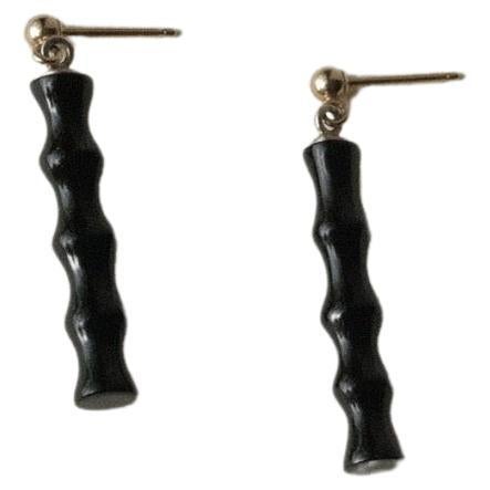 Unsigned Black Jet Hand-Carved Earrings w/ 14K Gold Posts