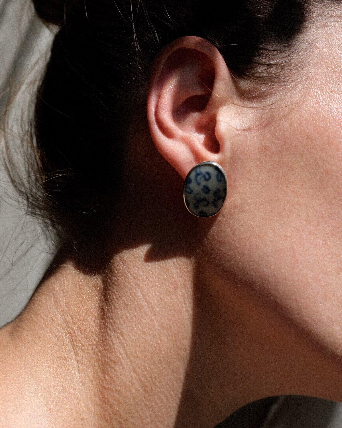 Contemporary Unsigned Blue & White Pottery Earrings Set in Sterling For Sale