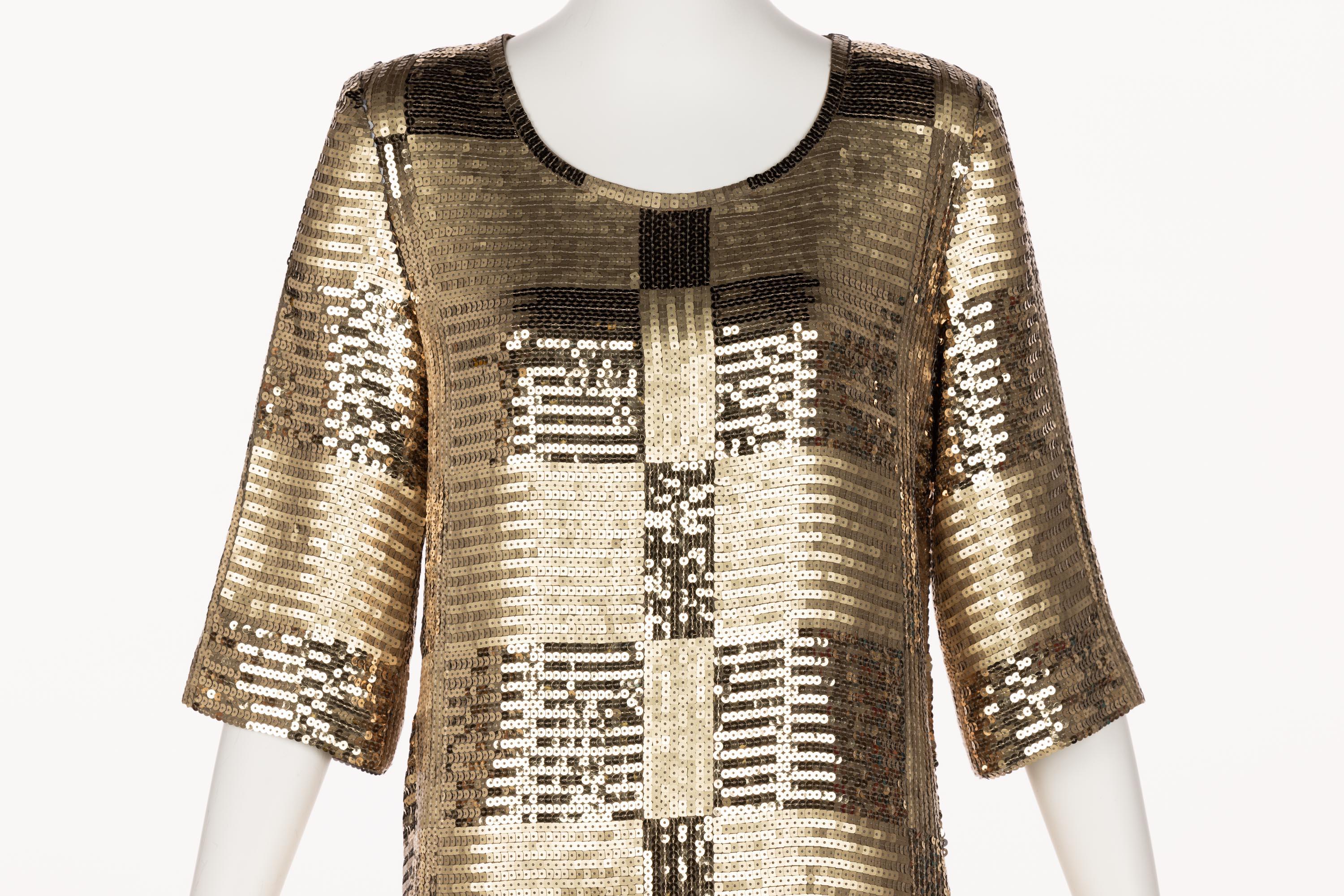 Brown Unsigned Gold Sequin Tunic Mini Dress 1960s Style For Sale