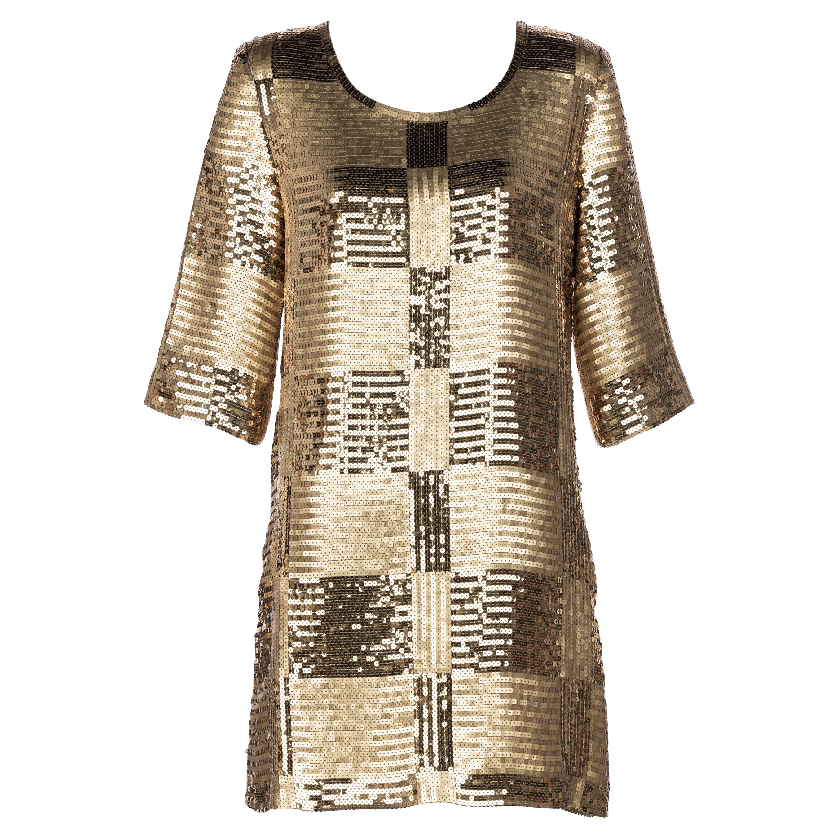 Unsigniertes goldenes Pailletten-Tunika-Minikleid im Stil der 1960er Jahre