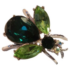 Unsigned Green and Teal Rhinestone Insect Brooch in Silver-Tone Metal, 1960s