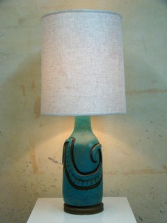 Unsigned Hand Thrown Studio Lamp in Turquoise Glaze with Clay Strip Applique