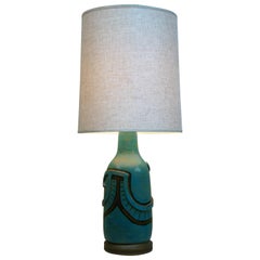 Unsigned Hand Thrown Studio Lamp in Turquoise Glaze with Clay Strip Applique
