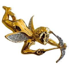 Vintage Unsigned Idemaria Rhinestone Gold Plated Cupid Arrow Angel Motif Brooch Pin