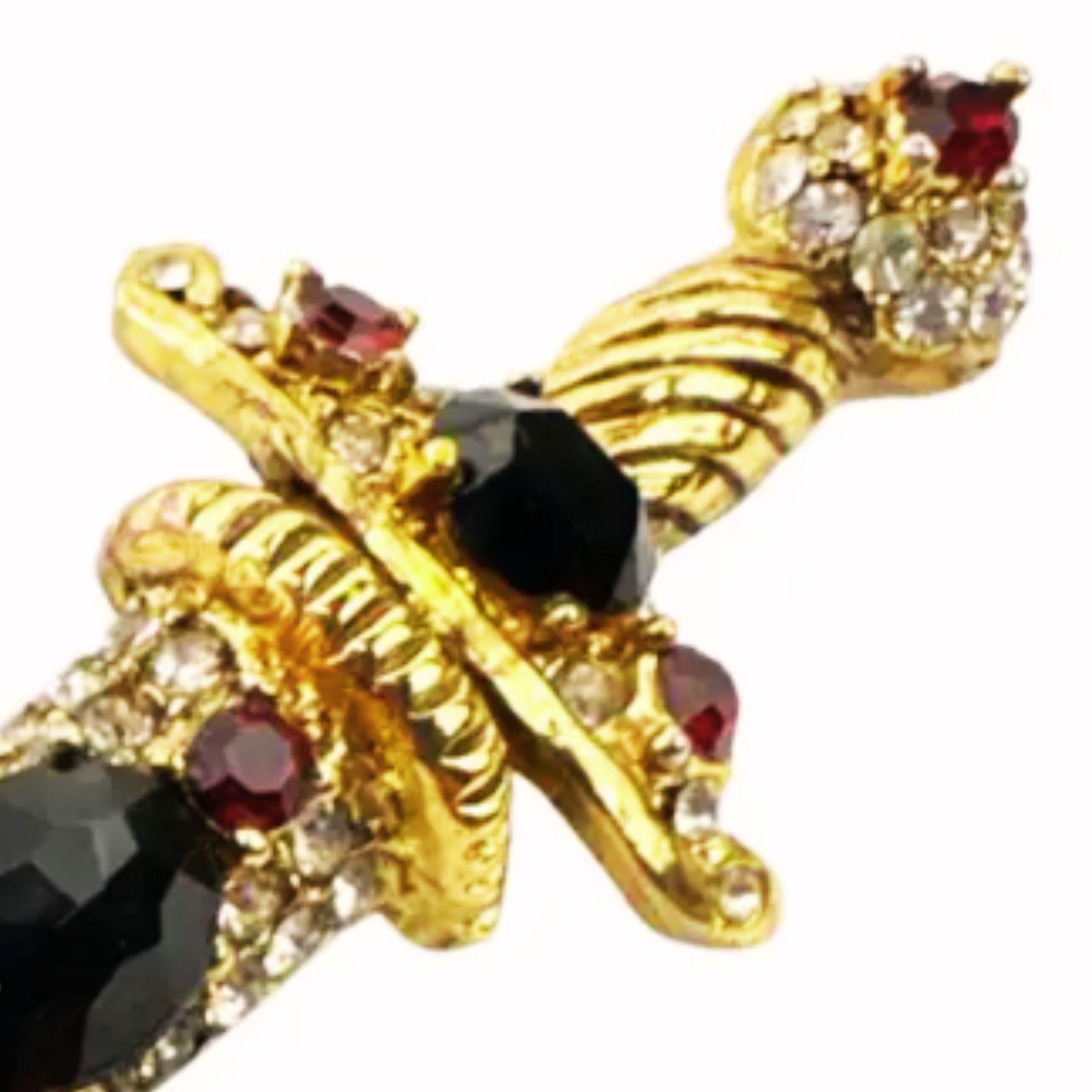 Unsigned KJL Sword Brooch Pin Vintage Red and Black & Stone Sword Brooch Pin For Sale 1