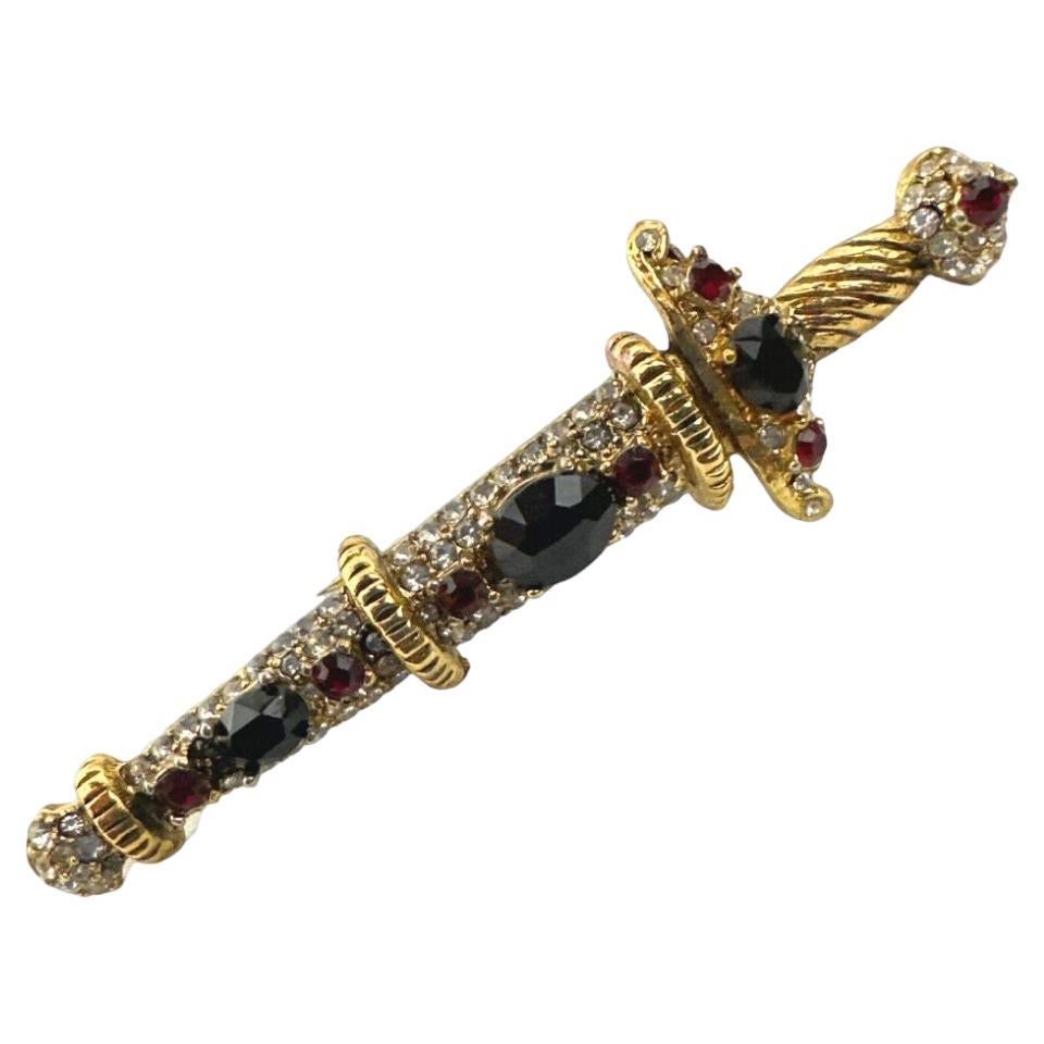 Unsigned KJL Sword Brooch Pin Vintage Red and Black & Stone Sword Brooch Pin For Sale