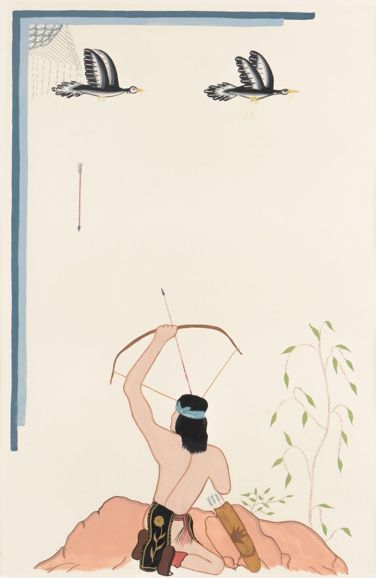 Unsigniertes Gouache-Aquarell auf Papier eines indianischen Jägers mit Vögeln, im Stil von Harrison Begay. Der Jäger befindet sich in der Mitte des Bildes und kniet hinter einer kleinen Anhöhe oder einem Felsvorsprung. Mit Pfeil und Bogen zielt er