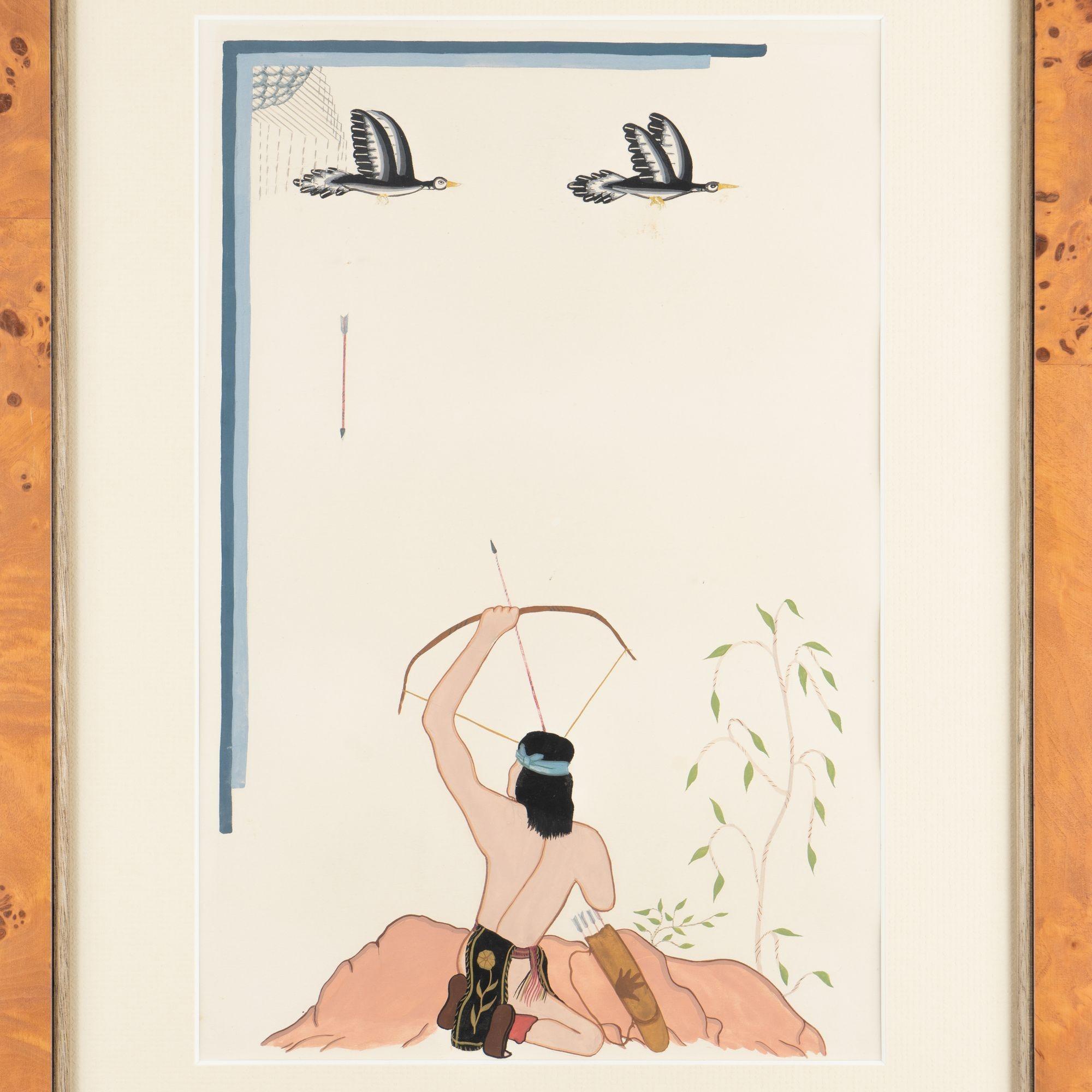 Unsignierte Navajo-G Gouache auf Papier eines Jägers mit Vögeln, um 1940 (amerikanisch) im Angebot