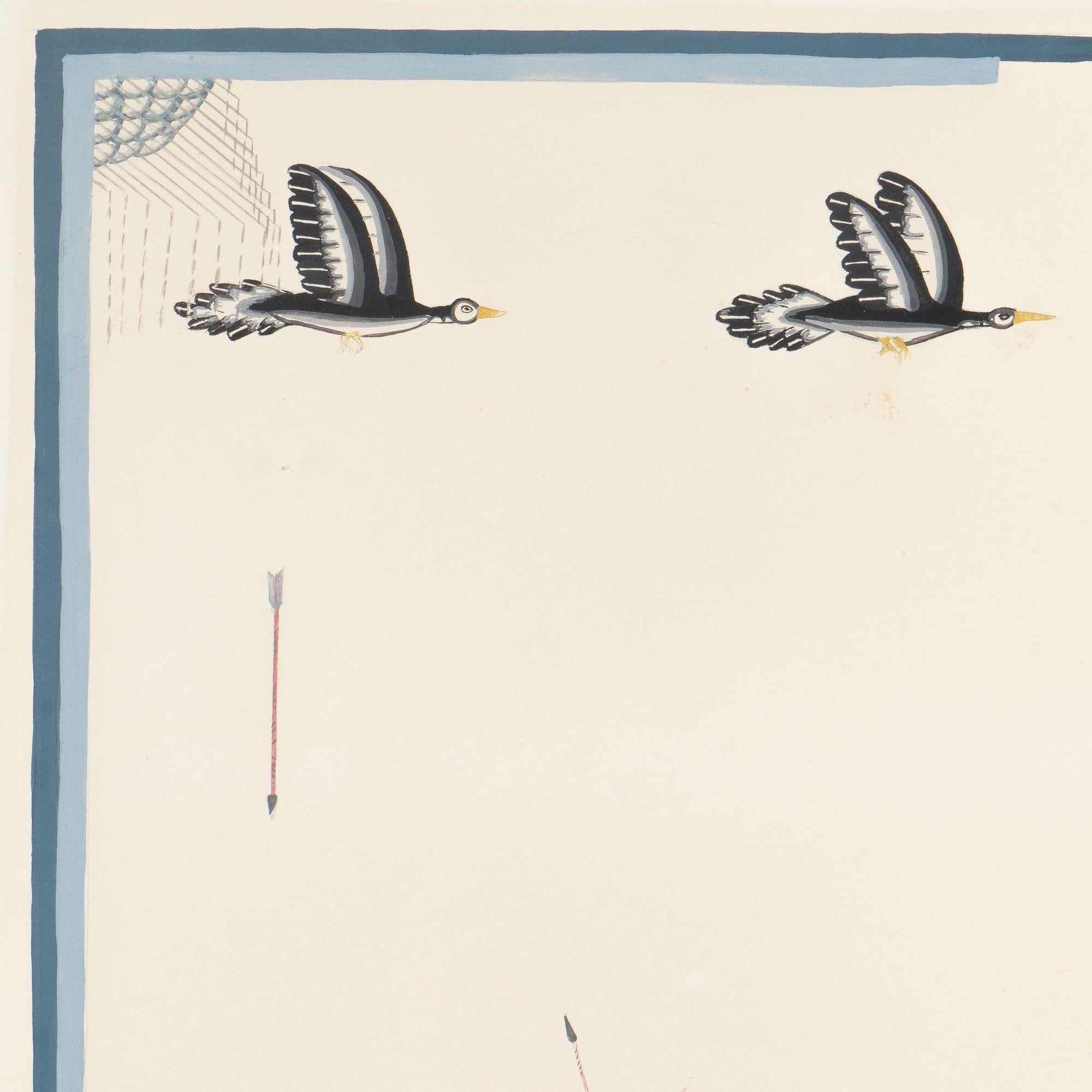 Unsignierte Navajo-G Gouache auf Papier eines Jägers mit Vögeln, um 1940 (20. Jahrhundert) im Angebot