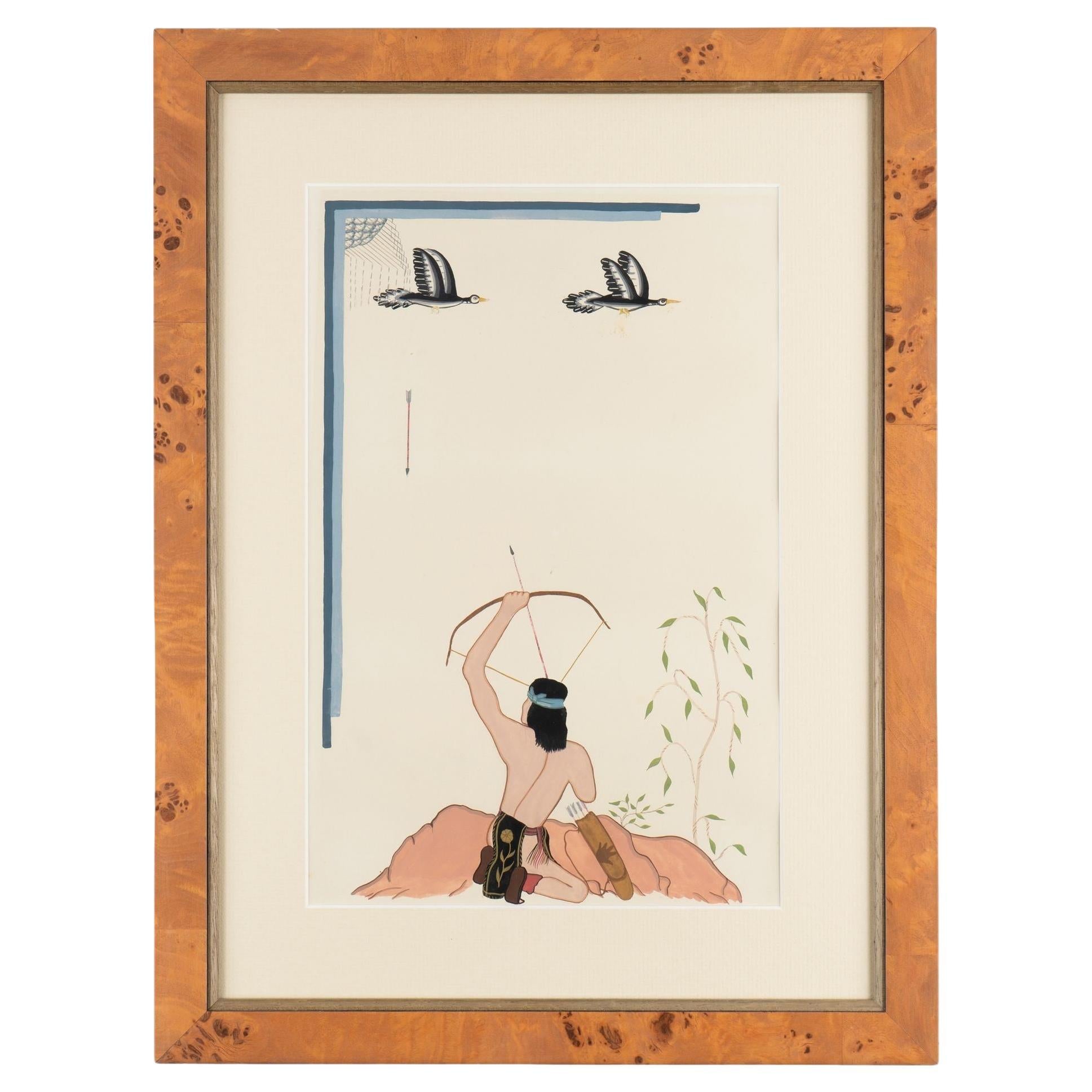 Unsignierte Navajo-G Gouache auf Papier eines Jägers mit Vögeln, um 1940 im Angebot