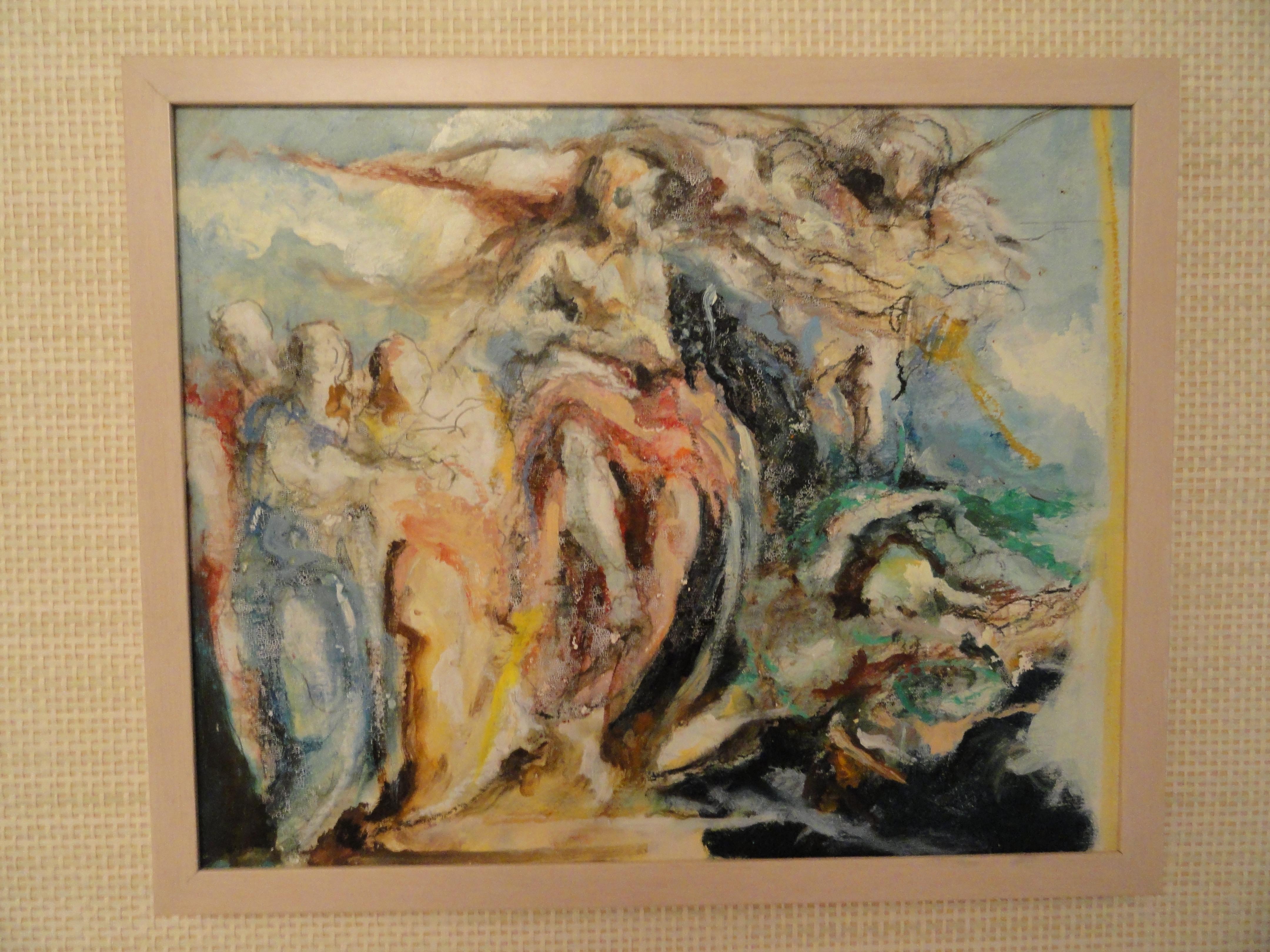 Unsigned oil on canvas with small wood frame and mounted on a large-scale frame with woven matting.
Image is 17.25