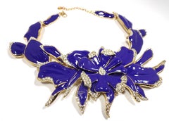 Unsigned Oscar De La Renta Deep Cerulean Blue Enameled Orchid Necklace