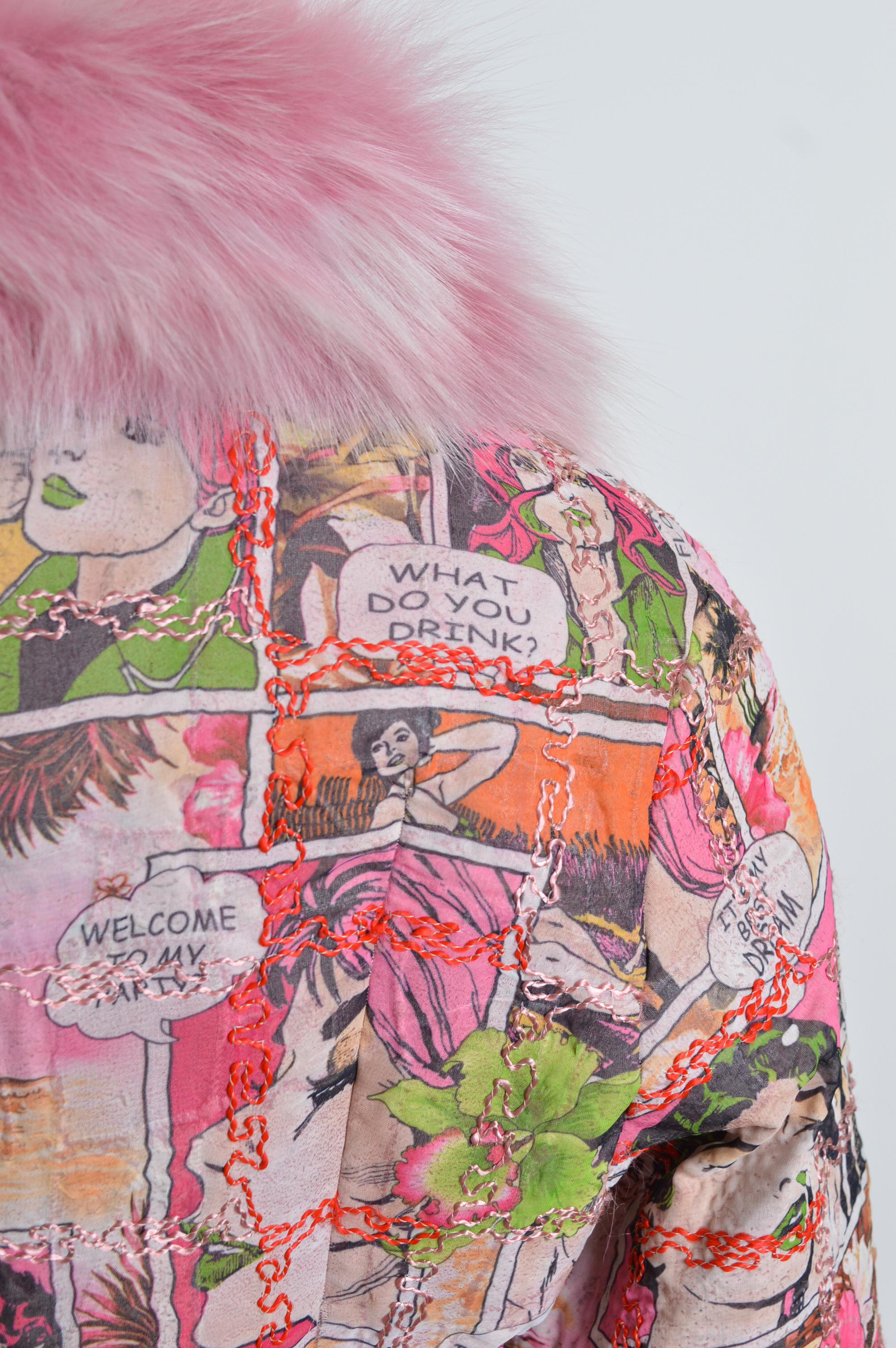Unsigned Pink Animée Colourful Cartoon and Fox Fur two-way Jacket / Coat For Sale 5