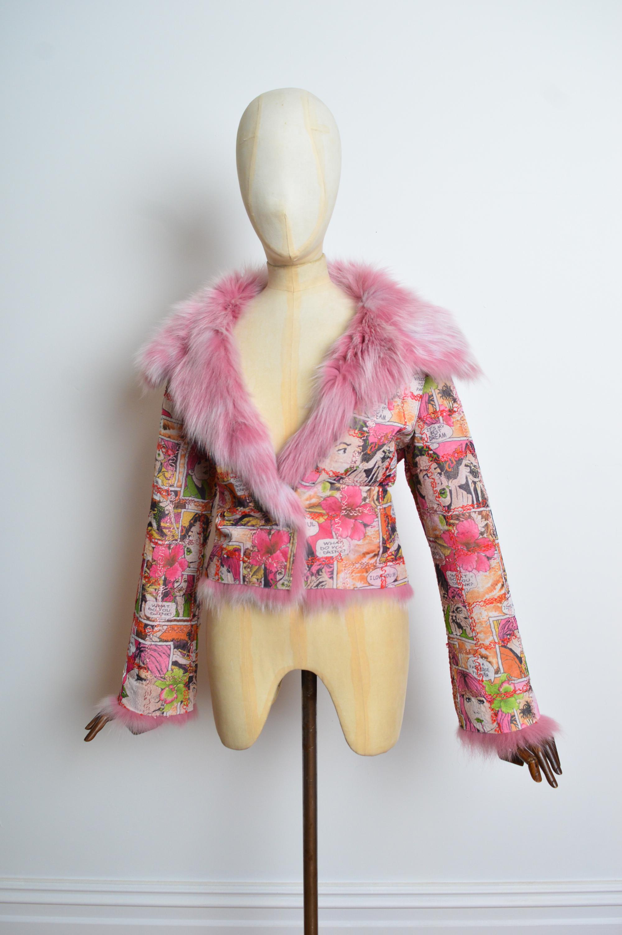 Unsigned Pink Animée Colourful Cartoon and Fox Fur two-way Jacket / Coat For Sale 6