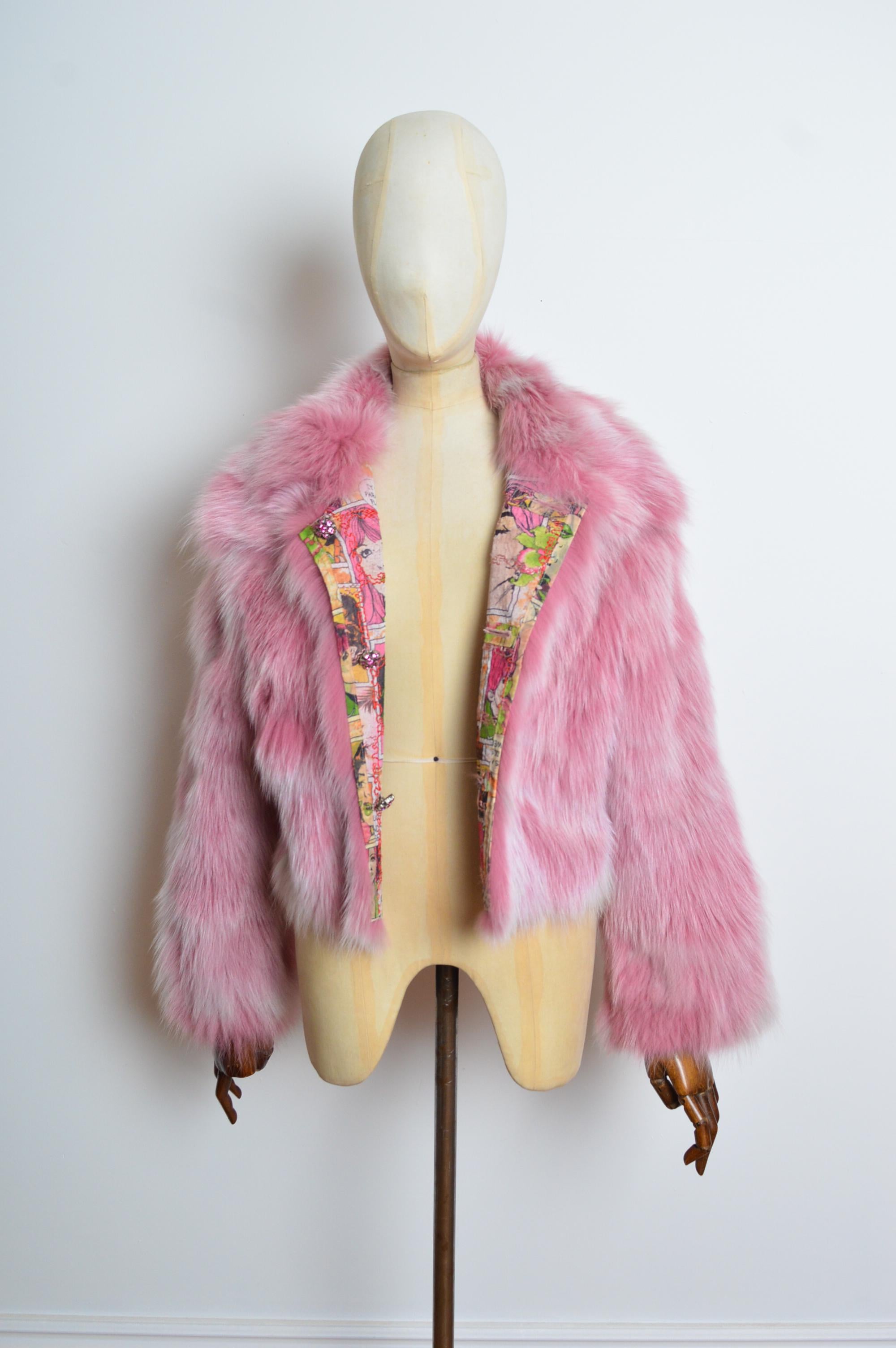 Unsigned Pink Animée Colourful Cartoon and Fox Fur two-way Jacket / Coat For Sale 7