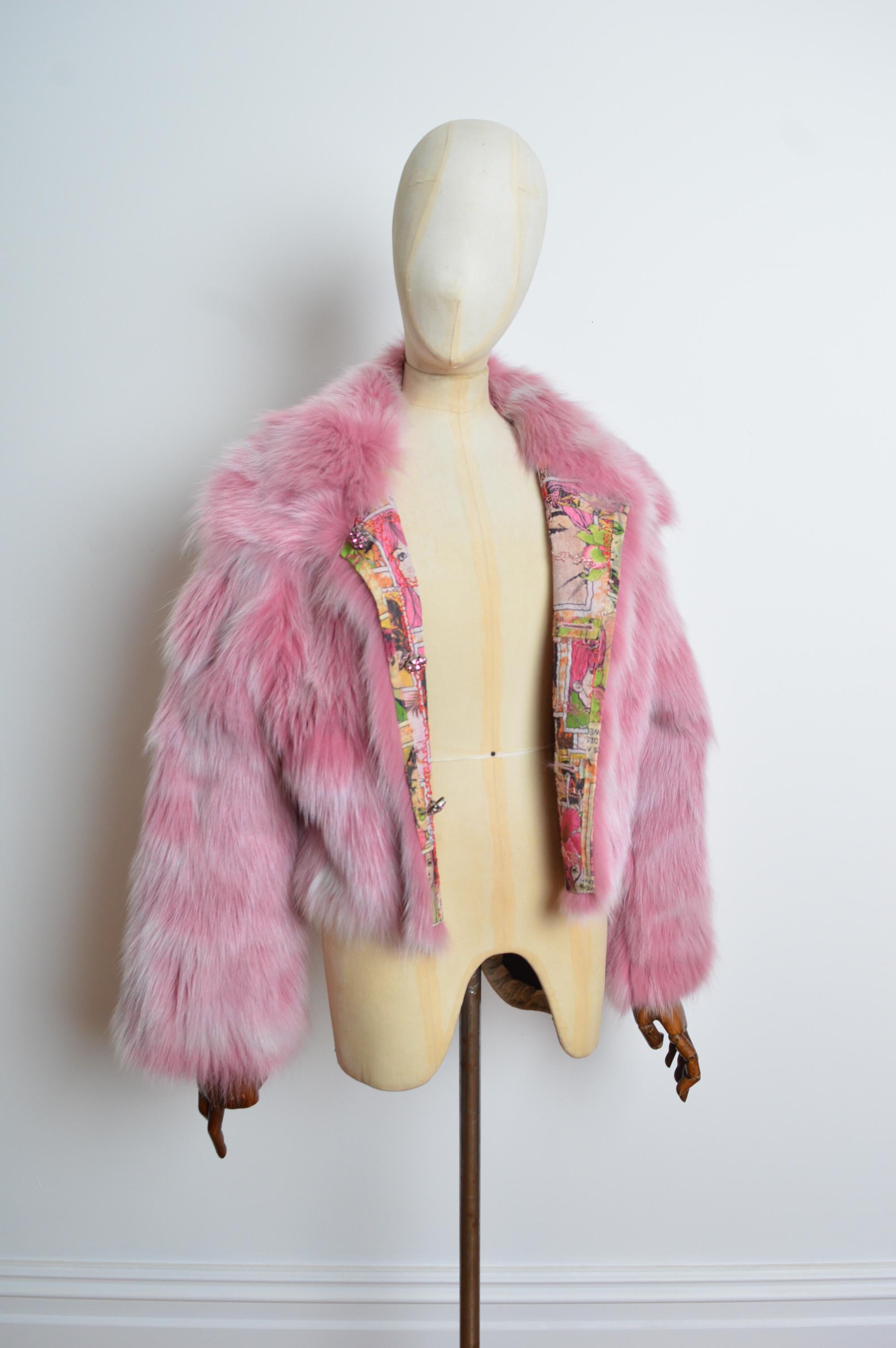 Unsigned Pink Animée Colourful Cartoon and Fox Fur two-way Jacket / Coat For Sale 8