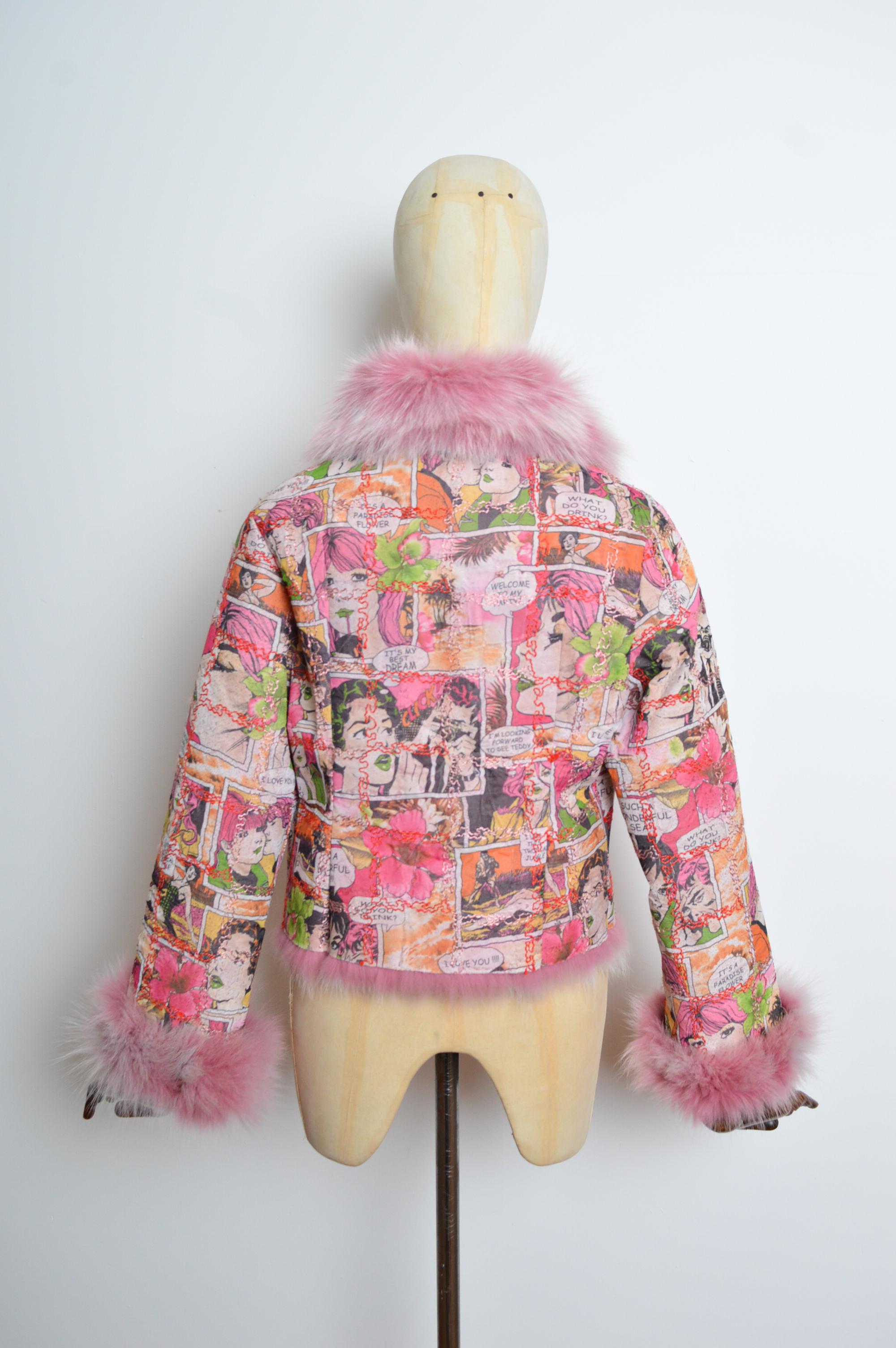 Beige Unsigned Pink Animée Colourful Cartoon and Fox Fur two-way Jacket / Coat For Sale