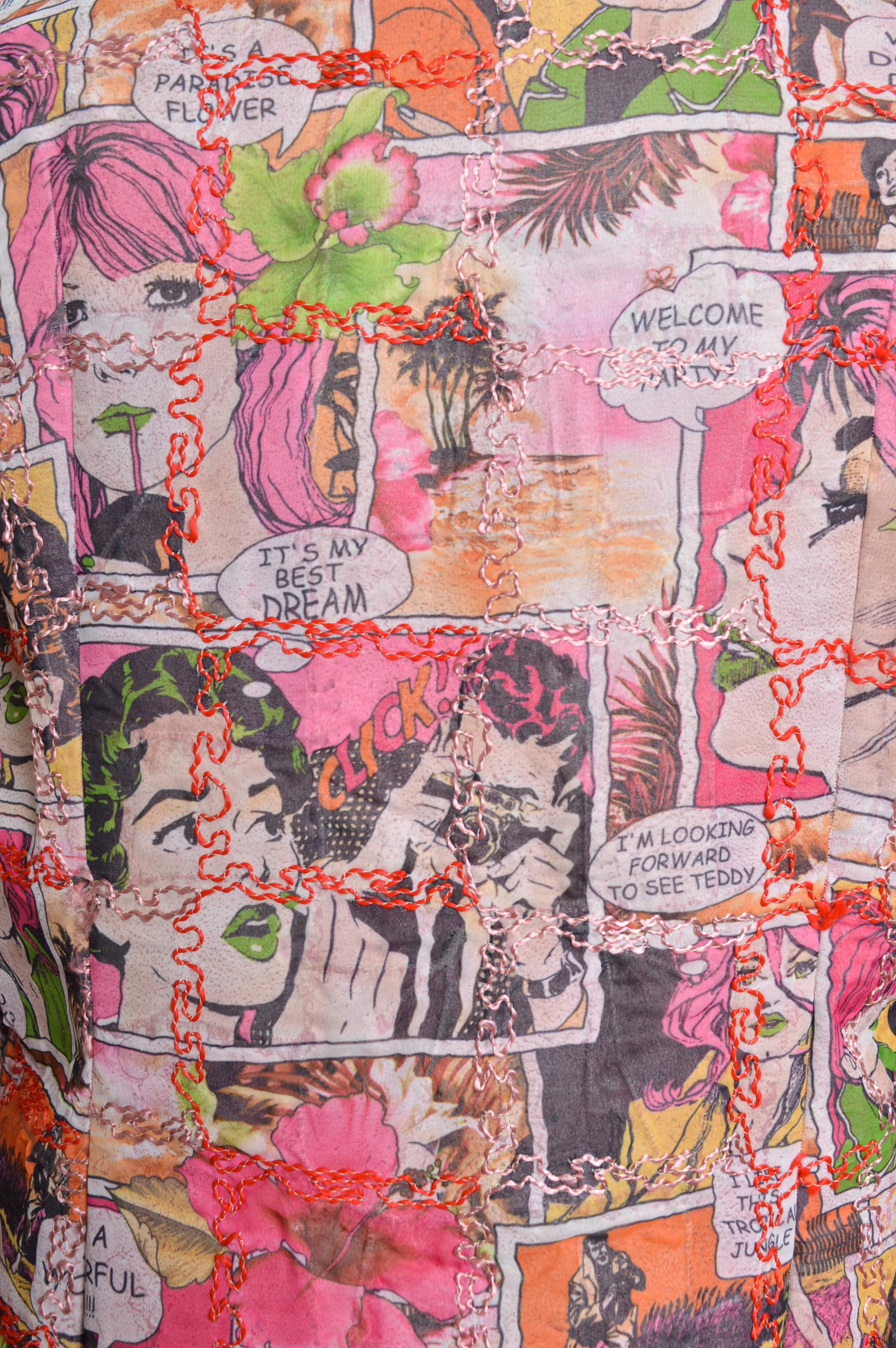 Unsigned Pink Animée Colourful Cartoon and Fox Fur two-way Jacket / Coat In Excellent Condition For Sale In Sheffield, GB