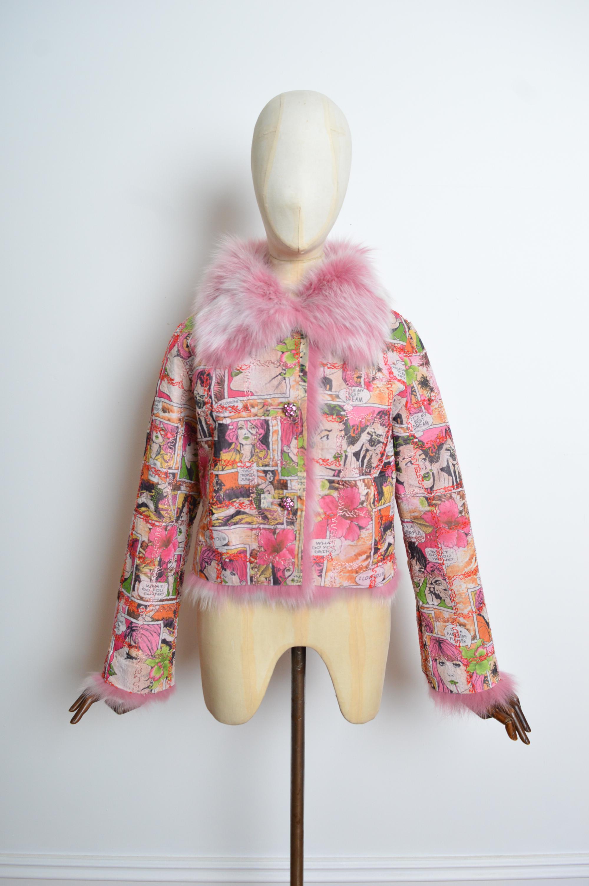 Women's Unsigned Pink Animée Colourful Cartoon and Fox Fur two-way Jacket / Coat For Sale