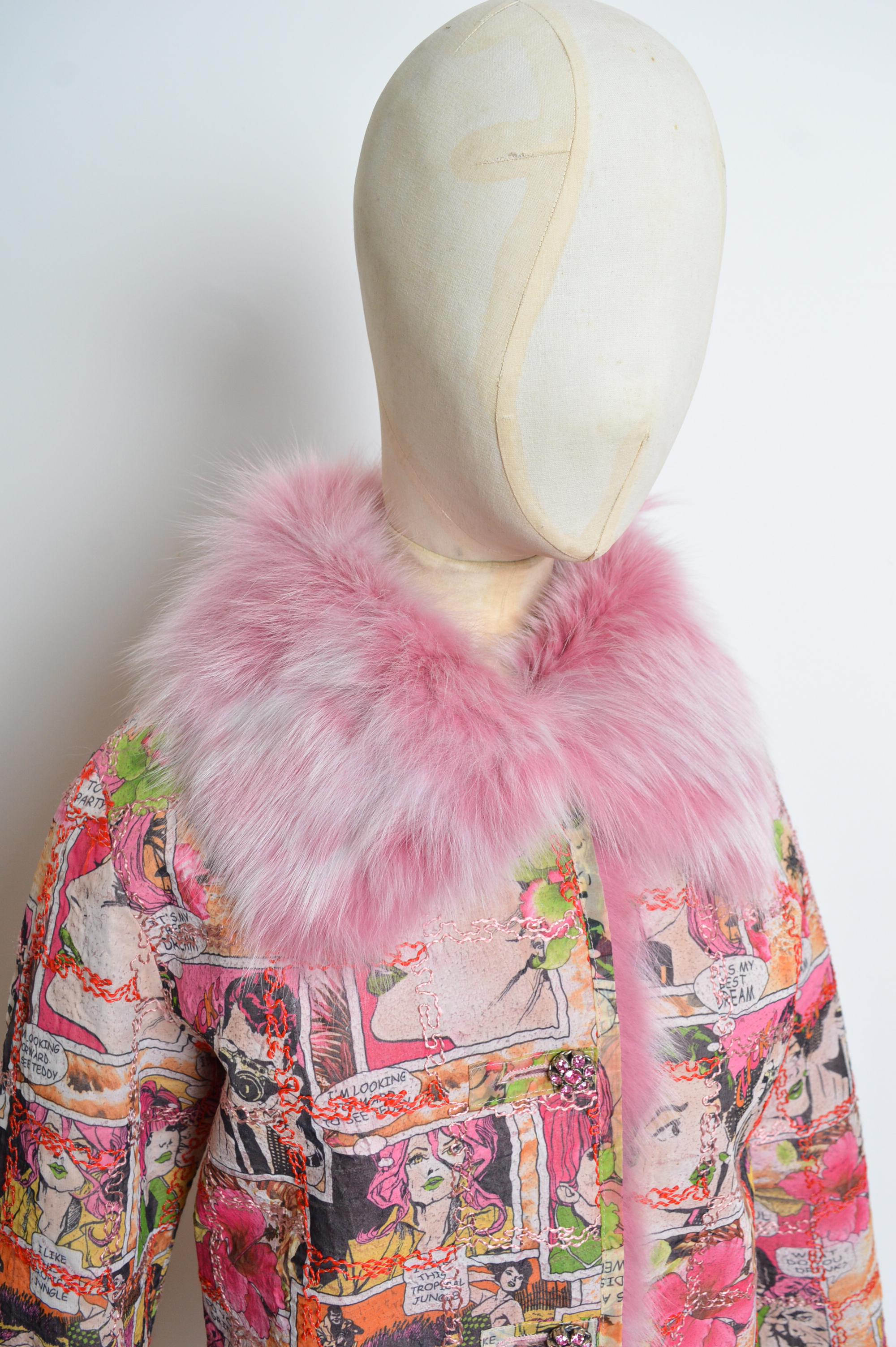 Unsigned Pink Animée Colourful Cartoon and Fox Fur two-way Jacket / Coat For Sale 1