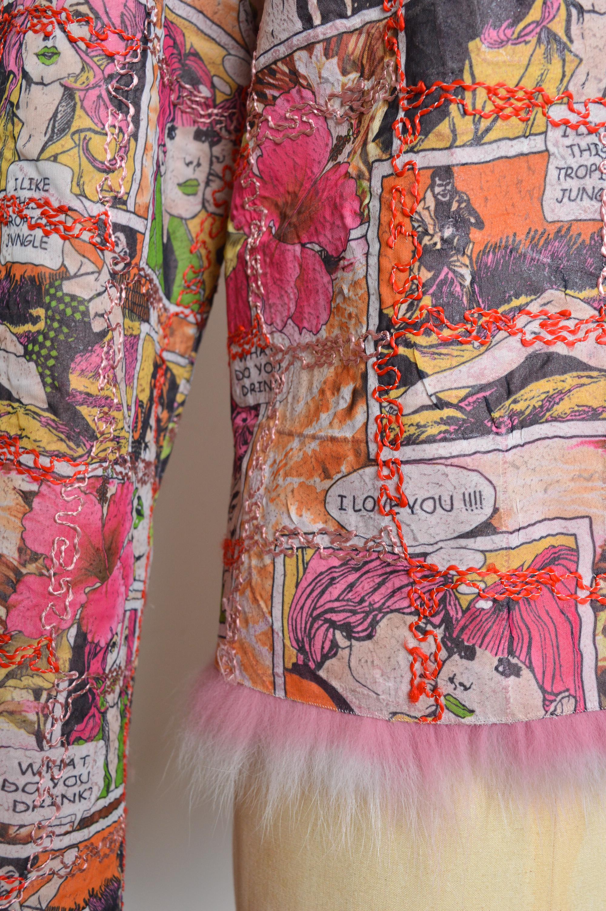 Unsigned Pink Animée Colourful Cartoon and Fox Fur two-way Jacket / Coat For Sale 3