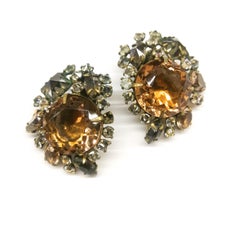 Unsigned smoke grey and soft brown cluster earrings, Schreiner of New York 1960s