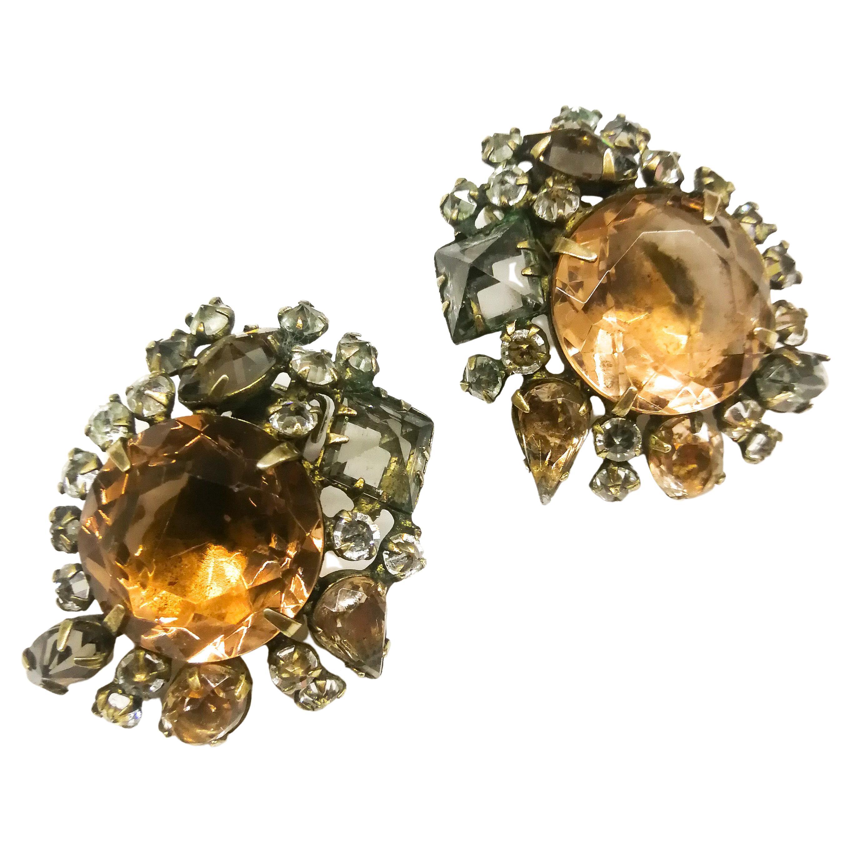 Unsigned smoke grey and soft brown cluster earrings, Schreiner of New York 1960s For Sale