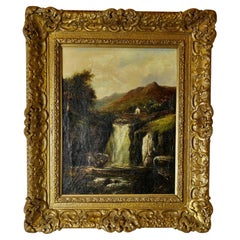 Peinture à l'huile victorienne non signée, représentant une chute d'eau