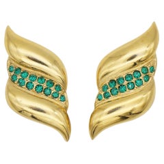 Unsigned Vintage 1980s Large Leaf Wing Modernist Emerald Crystals Clip Earrings
