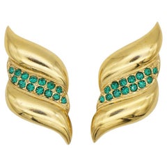 Unsigned Vintage 1980s Large Leaf Wing Modernist Emerald Crystals Clip Earrings