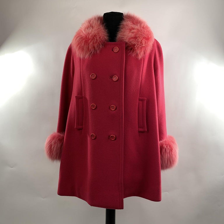 Unsigned Vintage Hot Pink Wool Double Breasted Coat with Fox Fur Trim