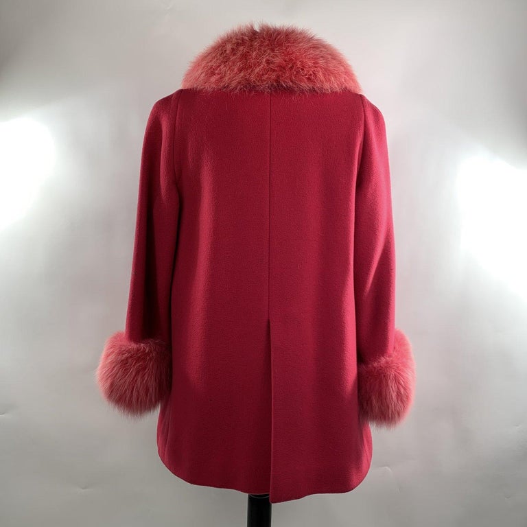 Unsigned Vintage Hot Pink Wool Double Breasted Coat with Fox Fur Trim
