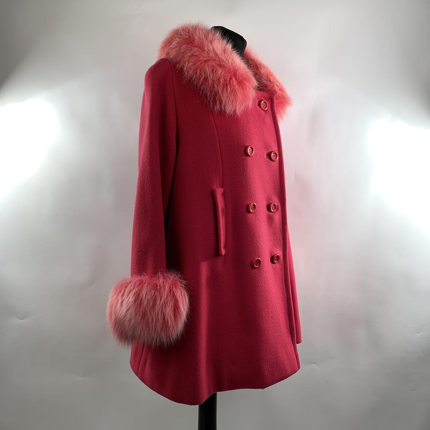 Women's Unsigned Vintage Hot Pink Wool Double Breasted Coat with Fox Fur Trim